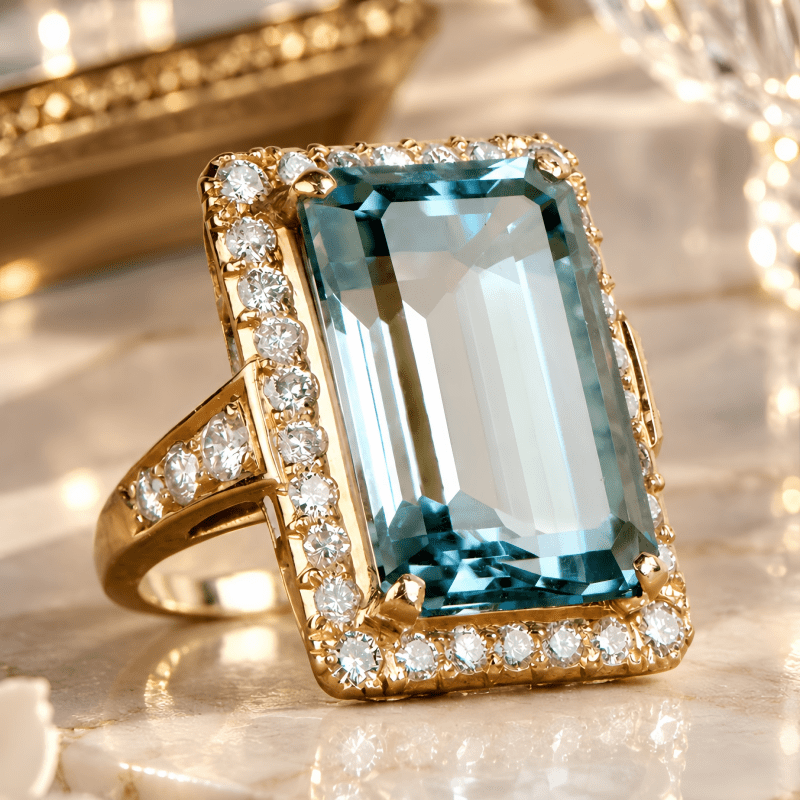 Women's Luxury Inlay Large Rectangle Blue Zirconia Engagement Ring